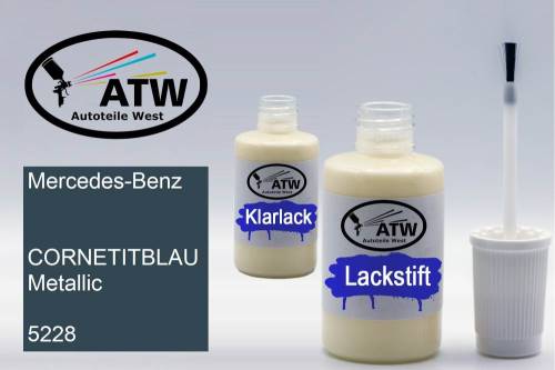 Mercedes-Benz,  CORNETITBLAU Metallic, 5228: 20ml Lackstift + 20ml Klarlack - Set, von ATW Autoteile West.